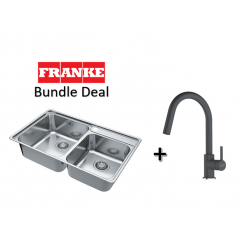 Franke Bell 790mm Drop In Stainless Steel Double Bowl Sink With Franke Lina Pull-Out Mixer Tap In Onyx Black
